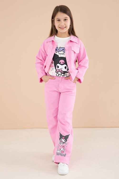 Pembe Sevimli Karakter Baskılı Ceketli ve Pantolonlu 3lü Kız Çocuk Takım 23585