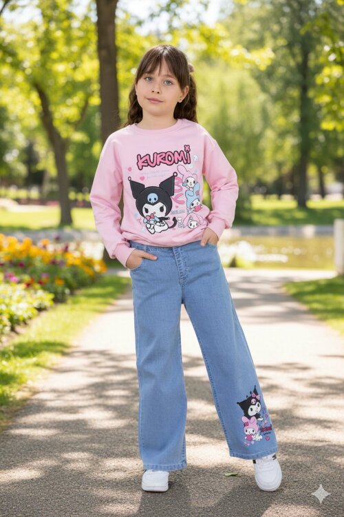 Pembe Simli Baskılı Badili Jean Pantolonlu Kız Çocuk 2li Takım 22756