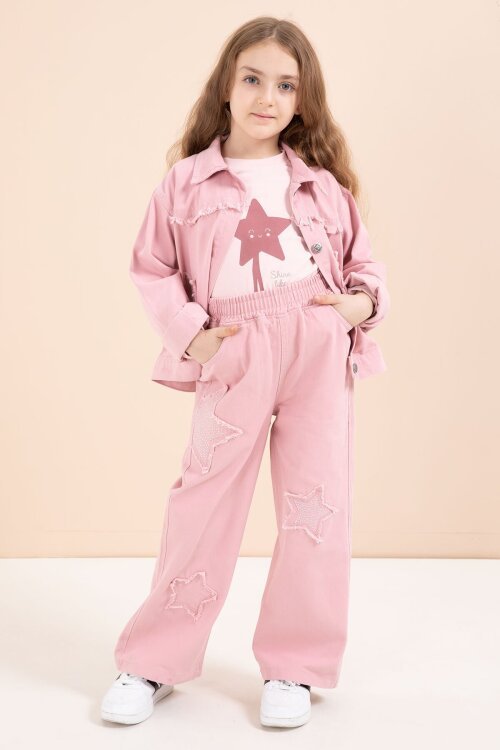 Pembe Taşlı Yıldız Nakışlı Jean Ceketli 3lü Pantolonlu Kız Takım 23435