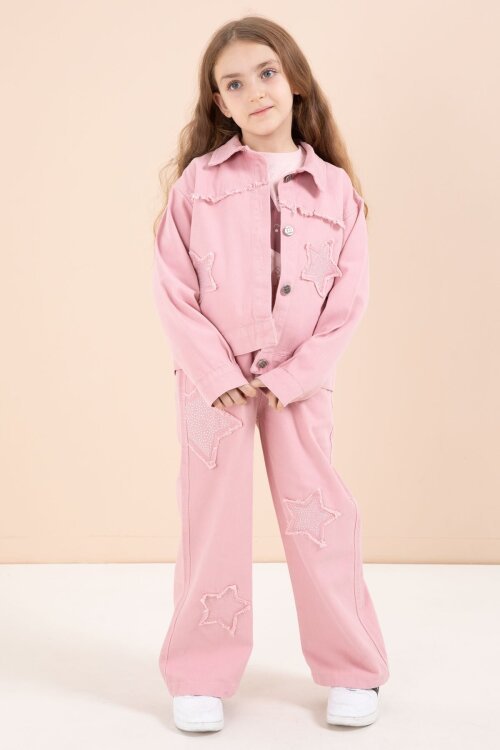 Pembe Taşlı Yıldız Nakışlı Jean Ceketli 3lü Pantolonlu Kız Takım 23435