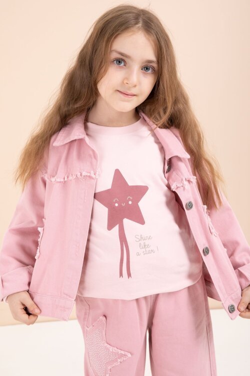 Pembe Taşlı Yıldız Nakışlı Jean Ceketli 3lü Pantolonlu Kız Takım 23435