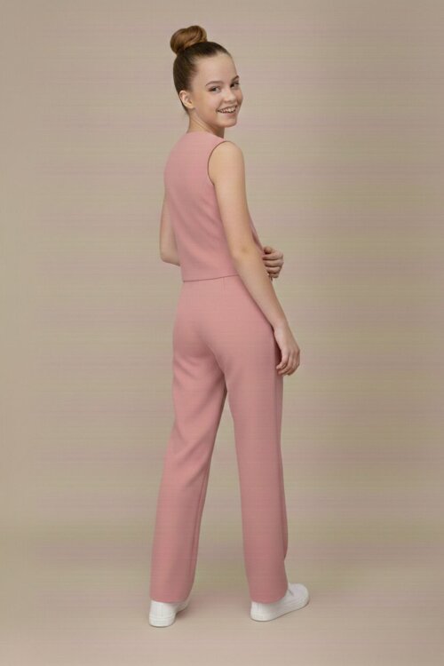 Pembe V Yaka Düğmeli Yelekli Geniş Paça Pantolonlu Kız Çocuk 2li Takım 20724