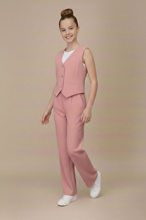 Pembe V Yaka Düğmeli Yelekli Geniş Paça Pantolonlu Kız Çocuk 2li Takım 20724