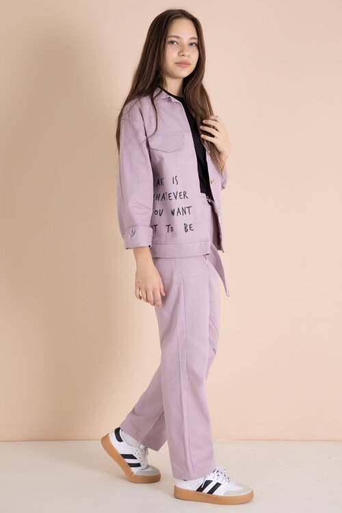 Pembe Yazı Detaylı Gömlekli Kız Çocuk Pantolonlu Gabardin Takım 23564