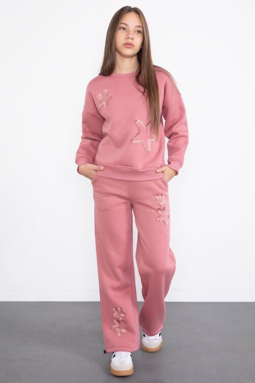 Pembe Yıldız Desenli Geniş Paça Şardonlu Kız Çocuk Eşofman Takımı 23362
