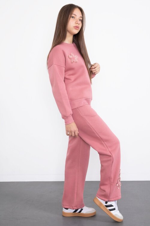 Pembe Yıldız Desenli Geniş Paça Şardonlu Kız Çocuk Eşofman Takımı 23362