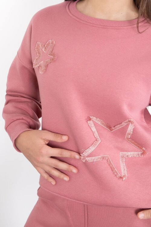 Pembe Yıldız Desenli Geniş Paça Şardonlu Kız Çocuk Eşofman Takımı 23362