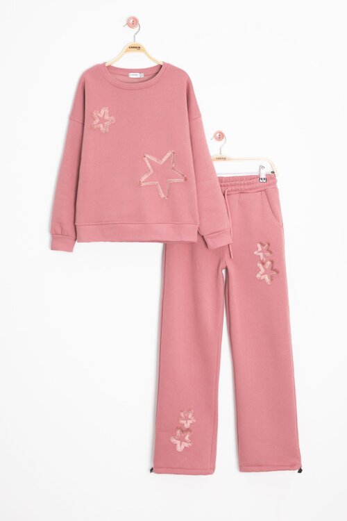 Pembe Yıldız Desenli Geniş Paça Şardonlu Kız Çocuk Eşofman Takımı 23362