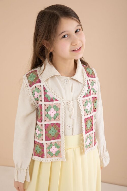 Sarı Çiçek Desen Örgü Süveterli Gömlekli Kız Çocuk Etekli 3lü Takım  23582