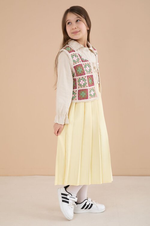 Sarı Çiçek Desen Örgü Süveterli Gömlekli Kız Çocuk Etekli 3lü Takım  23582