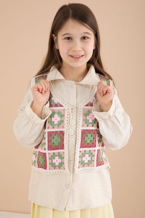 Sarı Çiçek Desen Örgü Süveterli Gömlekli Kız Çocuk Etekli 3lü Takım  23582