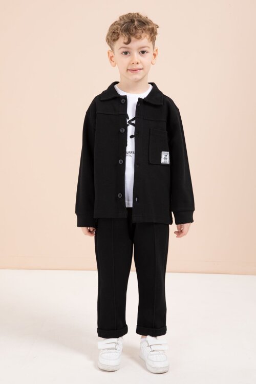 Siyah Arma Detaylı Gömlekli Duble Paça Pantolonlu Erkek Çocuk 3lü Takım 23619