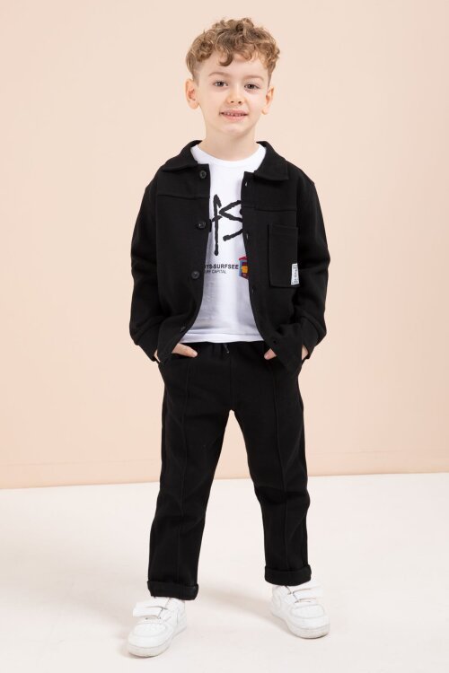 Siyah Arma Detaylı Gömlekli Duble Paça Pantolonlu Erkek Çocuk 3lü Takım 23619