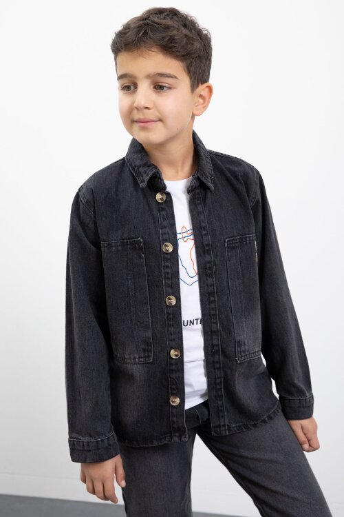 Siyah Armalı Jean Gömlekli Erkek Çocuk Pantolonlu 3lü Jean Takım  23468