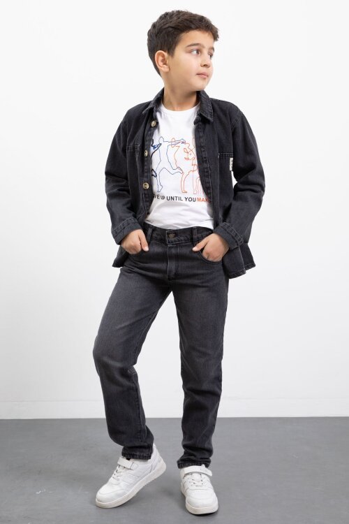 Siyah Armalı Jean Gömlekli Erkek Çocuk Pantolonlu 3lü Jean Takım  23468