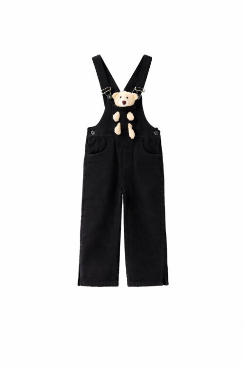 Siyah Ayıcık Cepli Yırtmaçlı Kız Çocuk Salopet Tulum 17715