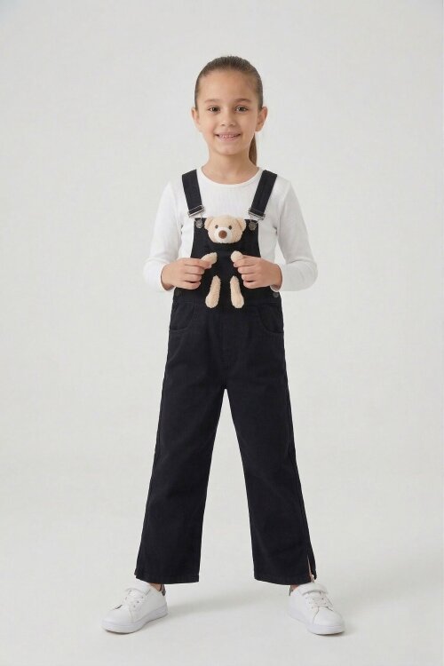 Siyah Ayıcık Cepli Yırtmaçlı Kız Çocuk Salopet Tulum 17715