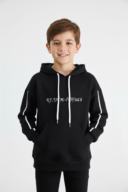 Siyah Baskılı Erkek Çocuk Şeritli Kapüşonlu Sweatshirt 19216