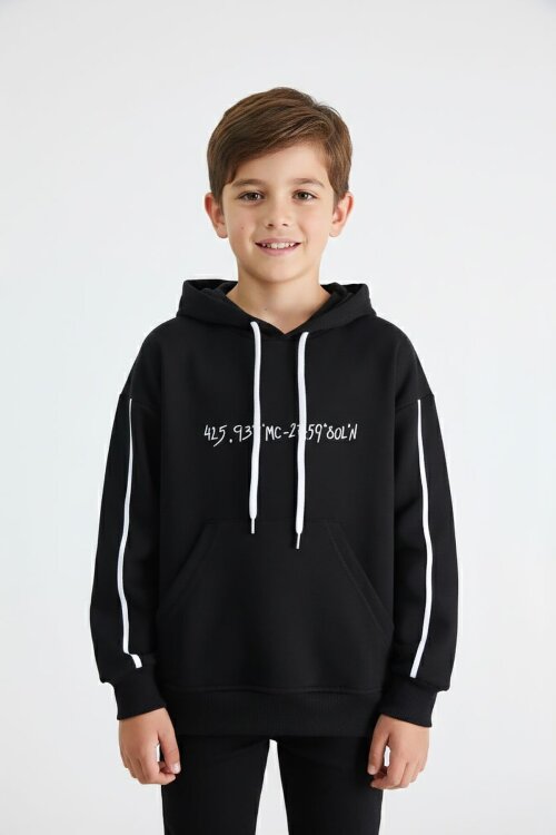 Siyah Baskılı Erkek Çocuk Şeritli Kapüşonlu Sweatshirt 19216