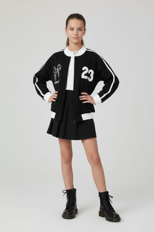 Siyah Beautifull Yazılı Kolu Şeritli Kız Çocuk Kolej Hırka 21190