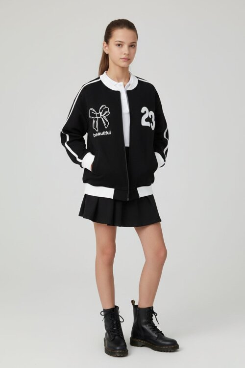 Siyah Beautifull Yazılı Kolu Şeritli Kız Çocuk Kolej Hırka 21190