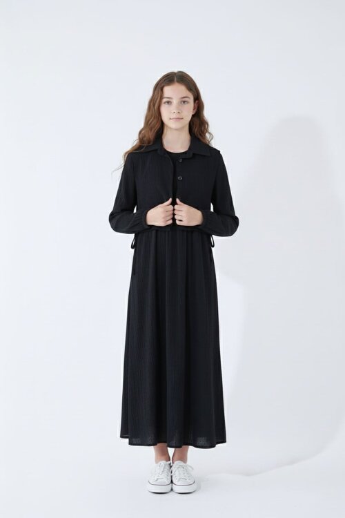 Siyah Bürümcük Kumaş Bağcıklı Süveterli Kız Çocuk Uzun Elbise Takımı 23518