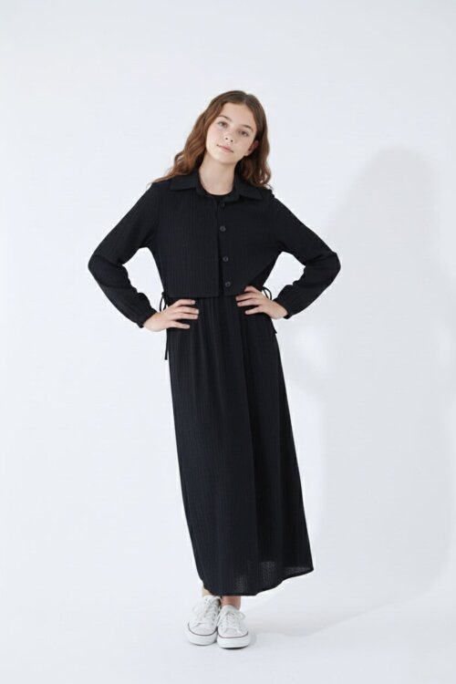 Siyah Bürümcük Kumaş Bağcıklı Süveterli Kız Çocuk Uzun Elbise Takımı 23518