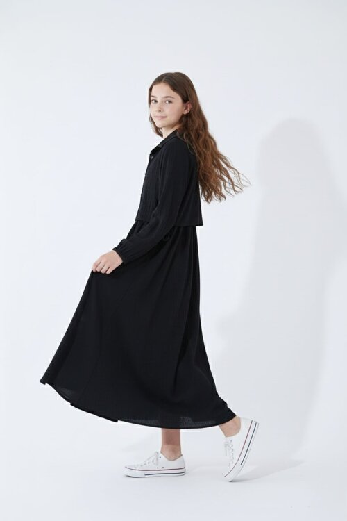 Siyah Bürümcük Kumaş Bağcıklı Süveterli Kız Çocuk Uzun Elbise Takımı 23518