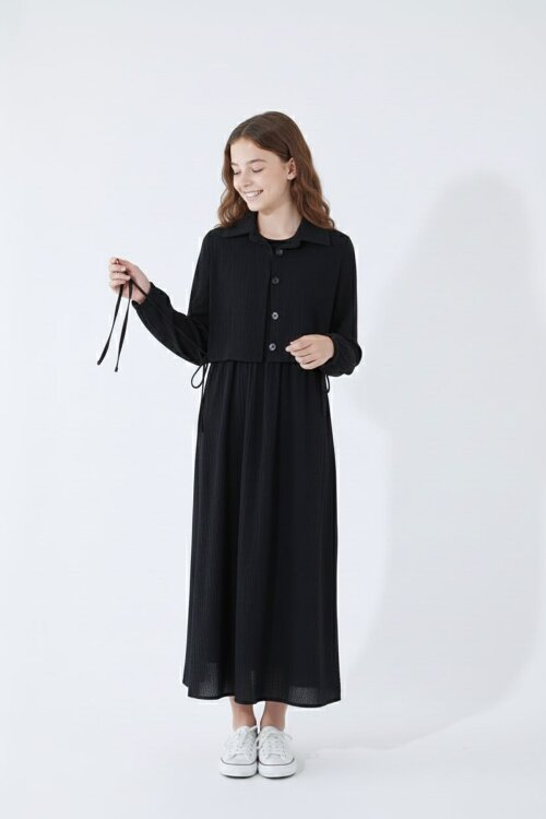 Siyah Bürümcük Kumaş Bağcıklı Süveterli Kız Çocuk Uzun Elbise Takımı 23518