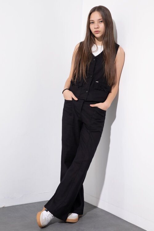 Siyah Cepli Keten Yelekli Yüksek Bel Pantolonlu Kız Çocuk Alt Üst Takım  23544