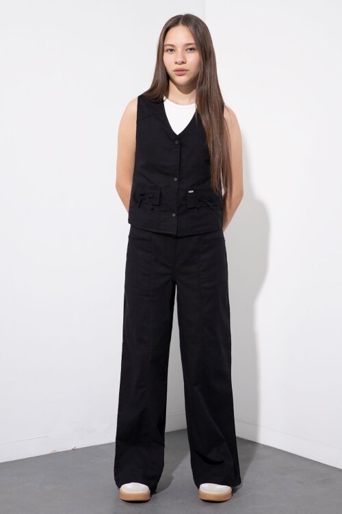 Siyah Cepli Keten Yelekli Yüksek Bel Pantolonlu Kız Çocuk Alt Üst Takım  23544