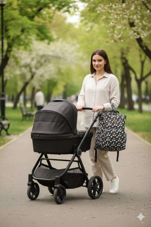 Siyah Çiçek Desenli Çok Fonksiyonlu Anne Bebek Bakım Çantası 19712