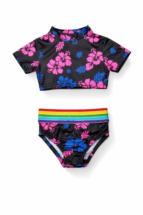 Siyah Çiçek Desenli Gökkuşağı Şeritli Kız Çocuk 2li Mayo Takımı 21112