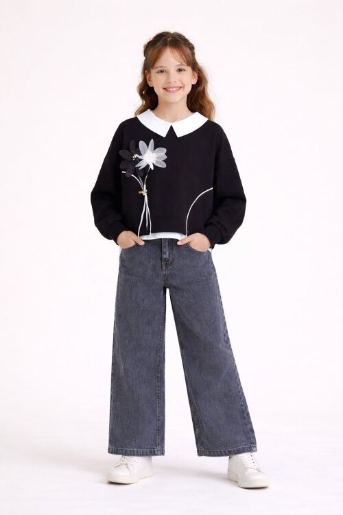 Siyah Çiçek Detaylı Badili Gömlekli Kız Çocuk 3lü Alt Üst Takım 23529