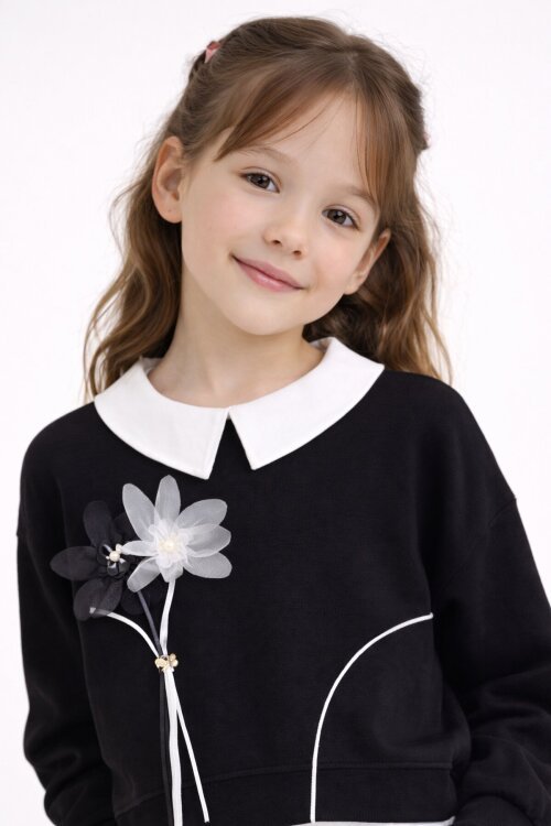 Siyah Çiçek Detaylı Badili Gömlekli Kız Çocuk 3lü Alt Üst Takım 23529