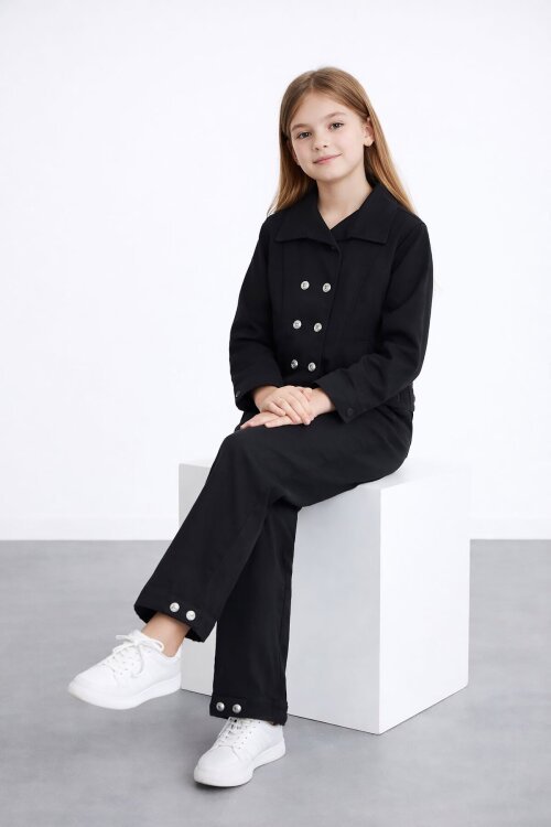 Siyah Çift Düğme Detay Gömlekli Pantolonlu Kız Çocuk Gabardin Takım 23539