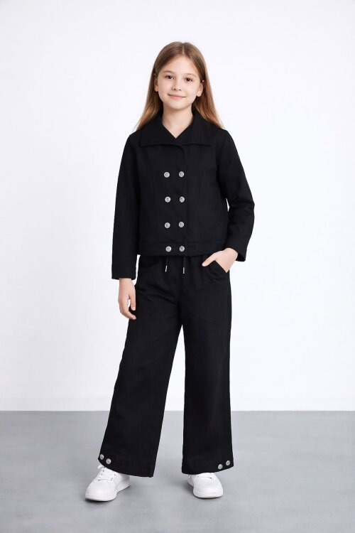 Siyah Çift Düğme Detay Gömlekli Pantolonlu Kız Çocuk Gabardin Takım 23539