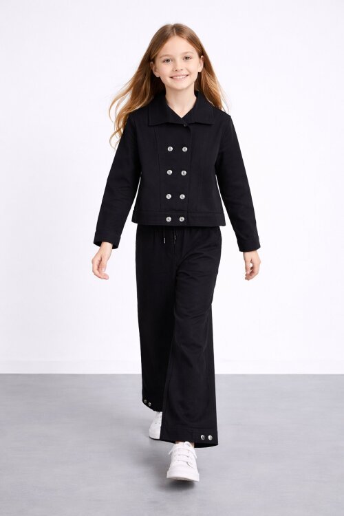 Siyah Çift Düğme Detay Gömlekli Pantolonlu Kız Çocuk Gabardin Takım 23539
