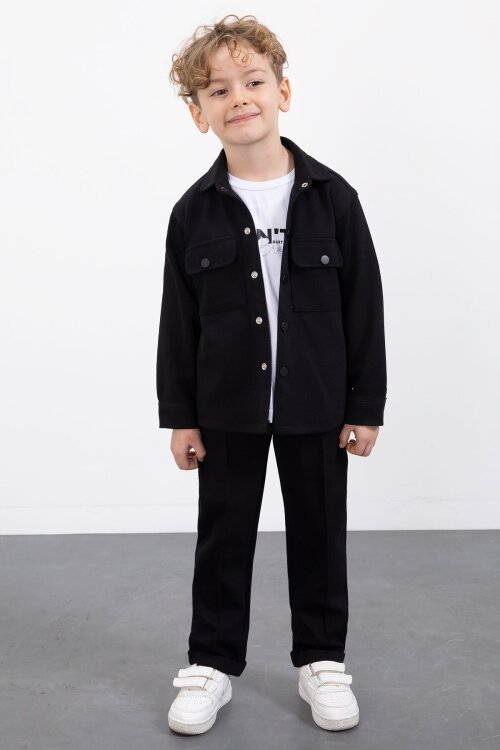 Siyah Çıtçıtlı Gömlekli Erkek Çocuk 3lü Tişörtlü Takım  23378