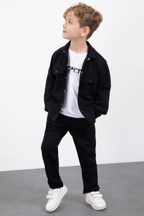 Siyah Çıtçıtlı Gömlekli Erkek Çocuk 3lü Tişörtlü Takım  23378