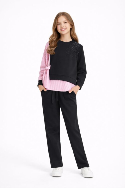 Siyah Çizgi Desenli Taş Detaylı Bluzlu Kız Çocuk Kuşaklı Pantolonlu 2li Takım 23746