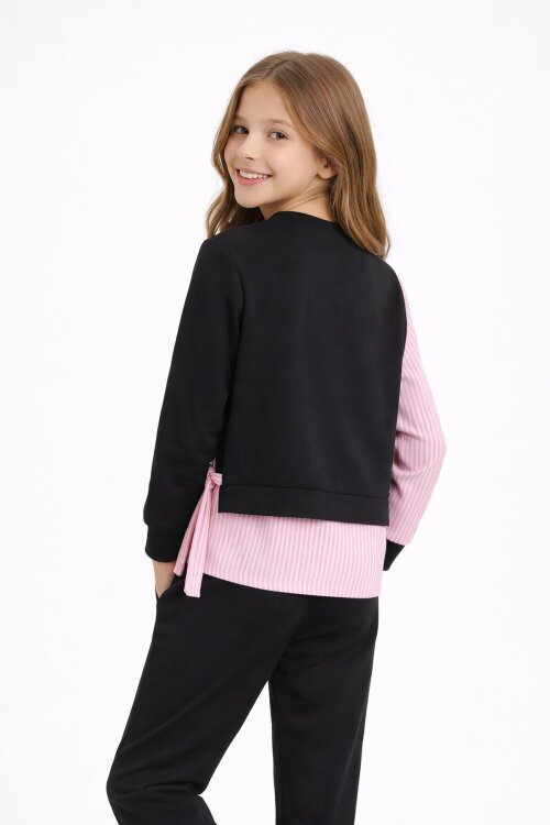 Siyah Çizgi Desenli Taş Detaylı Bluzlu Kız Çocuk Kuşaklı Pantolonlu 2li Takım 23746