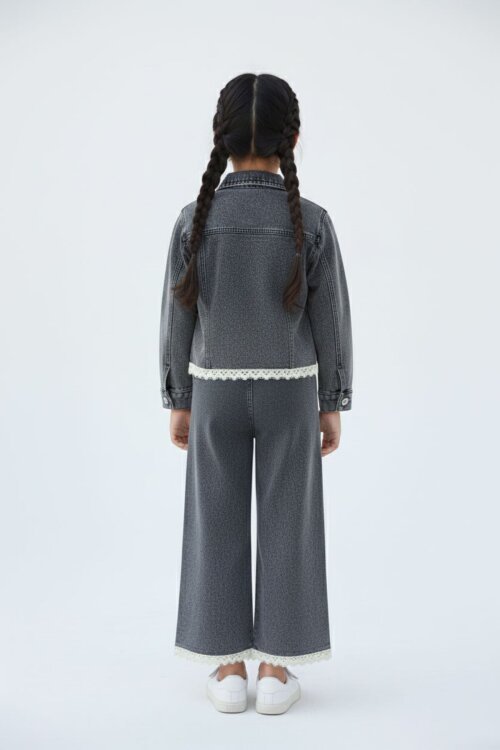 Siyah Dantel Detaylı Jean Ceketli ve Pantolonlu Kız Çocuk 3lü Takım 23498