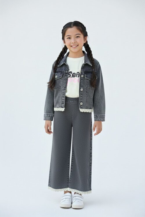 Siyah Dantel Detaylı Jean Ceketli ve Pantolonlu Kız Çocuk 3lü Takım 23498