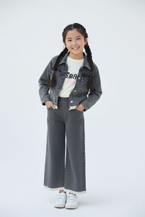 Siyah Dantel Detaylı Jean Ceketli ve Pantolonlu Kız Çocuk 3lü Takım 23498