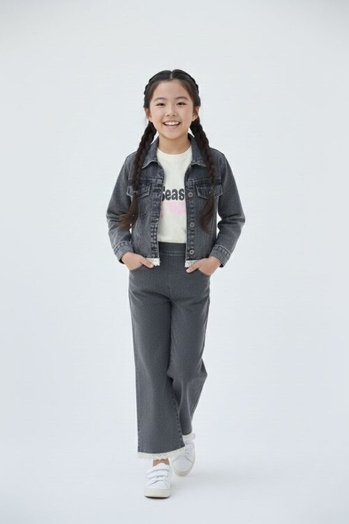 Siyah Dantel Detaylı Jean Ceketli ve Pantolonlu Kız Çocuk 3lü Takım 23498