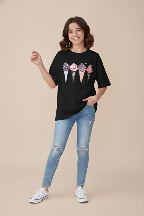 Siyah Dondurma Baskılı Taşlı Kız Çocuk Kısa Kol Oversize Tişört 20797