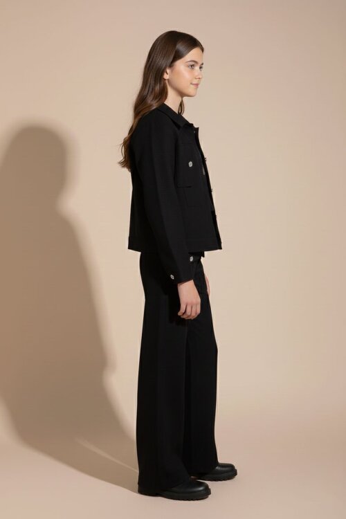 Siyah Düğme Detaylı Keten Gömlekli Pantolonlu Kız Çocuk 3lü Takım 23494