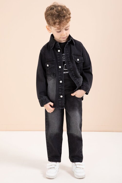 Siyah Düğmeli Jean Ceketli Pantolonlu Erkek Çocuk 3lü Takım 23627