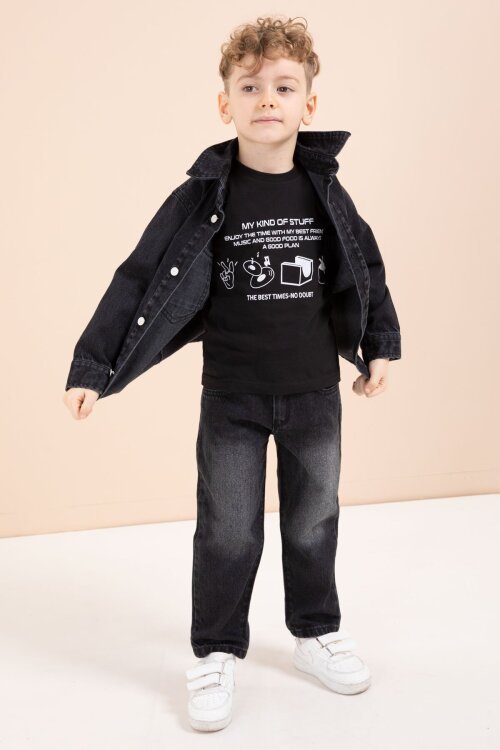 Siyah Düğmeli Jean Ceketli Pantolonlu Erkek Çocuk 3lü Takım 23627